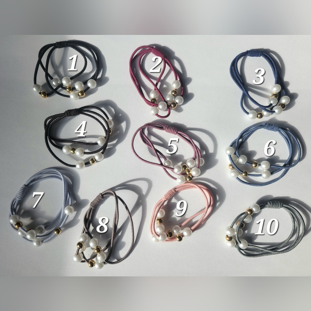 Elastic Hair Ties with Pearls and Gold Beads, Your Choice Of Colors